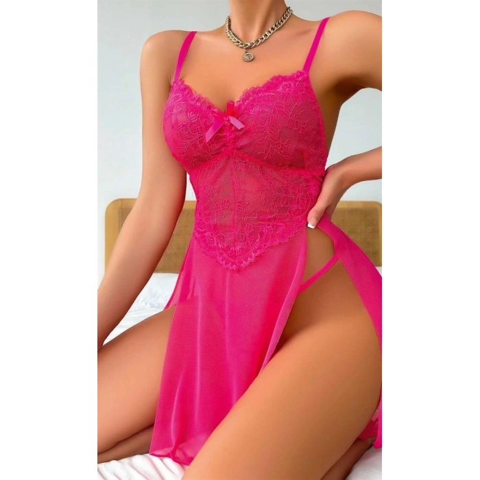 VipMarketim  Fuşya Dantel İşlemeli Transparan Fantezi Tül Gecelik