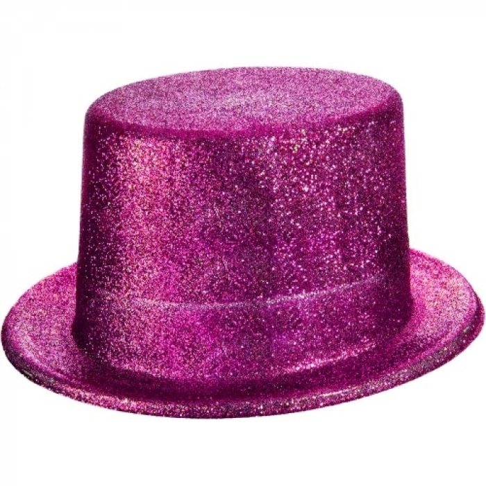 VipMarketim Fuşya Pembe Renk Parıltılı Simli Fötr Silindir Parti Şapkası
