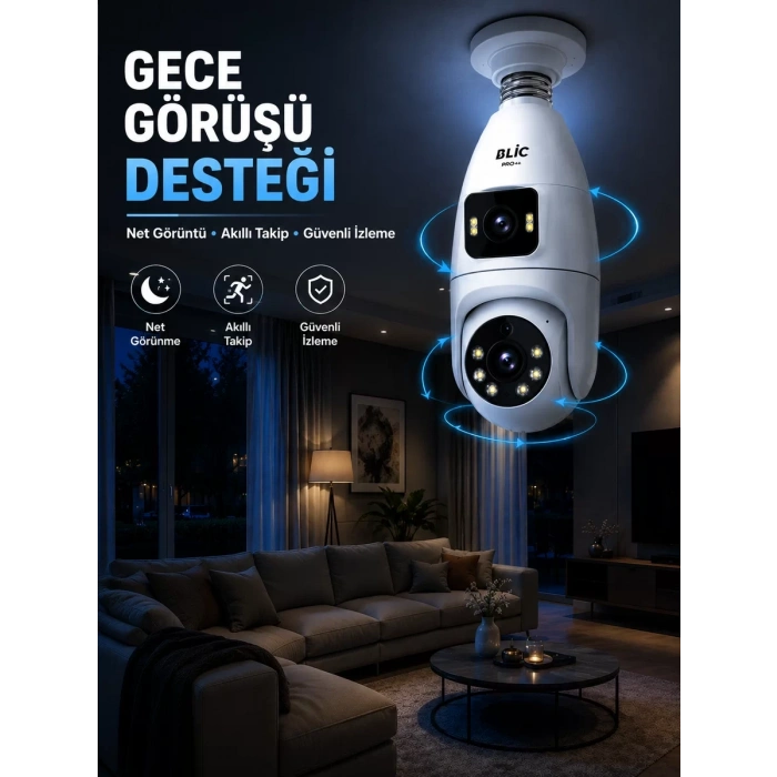 VipMarketim Gece Görüşlü Çift Lens Wi-Fi Ampul Kamera Mobil Takip Destekli