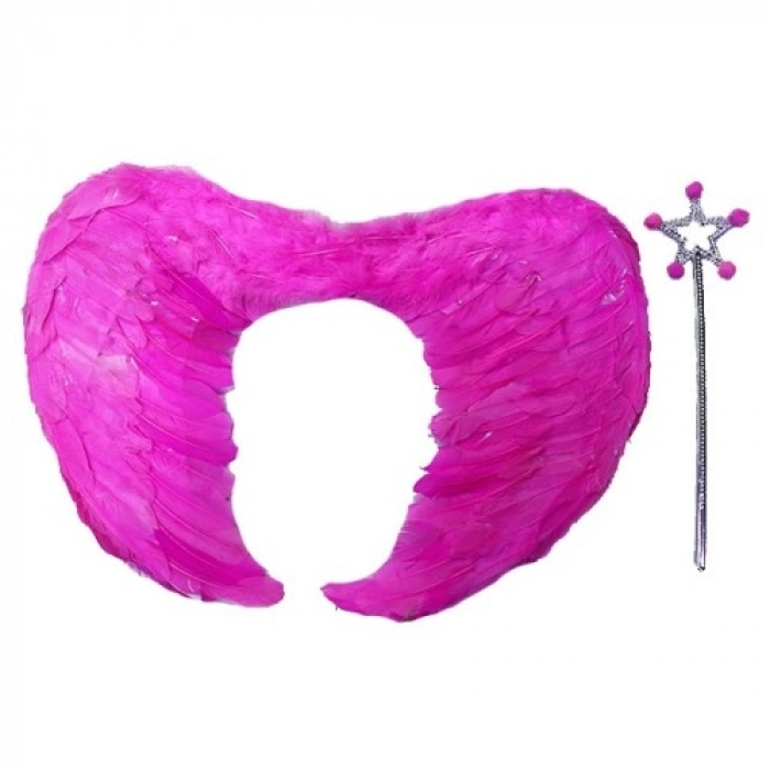 VipMarketim Gerçek Tüylü Katlanabilir Çocuk Pembe Melek Kanadı ve Asa Seti 40x55 cm