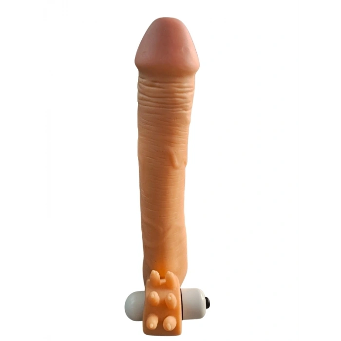 VipMarketim Gerçekçi Et Dokusunda Titreşimli Testis Halkalı Noktalı Penis Kılıfı - 20cm