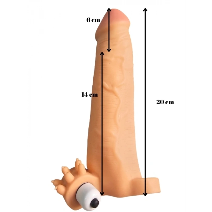VipMarketim Gerçekçi Et Dokusunda Titreşimli Testis Halkalı Noktalı Penis Kılıfı - 20cm