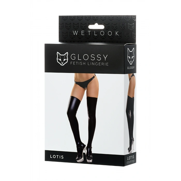 VipMarketim Glossy LOTİS Deri Jartyer Çorobı, Wetlook , siyah, XL