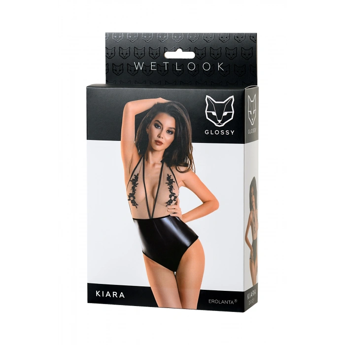 VipMarketim Glossy Parlak Kiara Bodysuit Wetlook malzemeden, Siyah, S