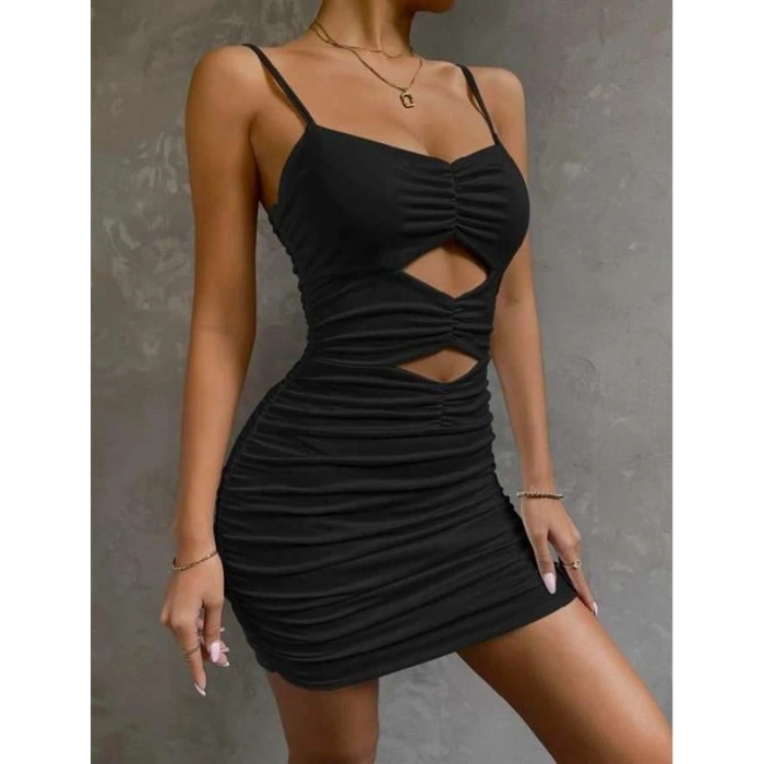 VipMarketim  Göbek Dekolteli Büzgülü Siyah Mini Club Elbisesi