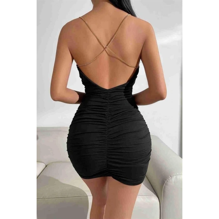 VipMarketim  Gögüs Degajeli Sırt Zincir Detaylı Büzgülü Siyah Mini Club Elbisesi