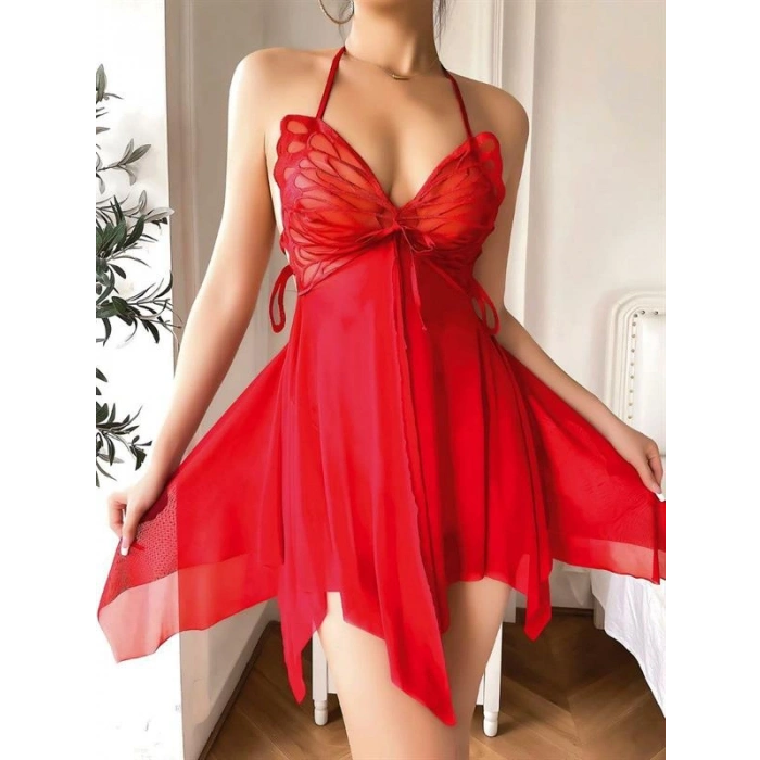 Vipmarketim Göğüs Kelebek Detaylı Fantezi Tül Kırmızı Gecelik