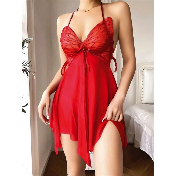 Vipmarketim Göğüs Kelebek Detaylı Fantezi Tül Kırmızı Gecelik