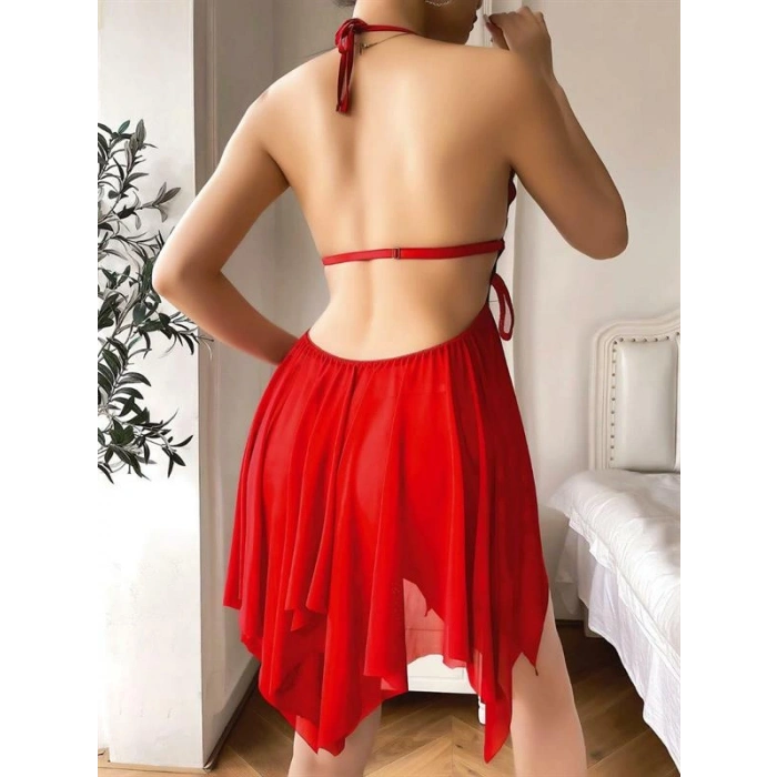 Vipmarketim Göğüs Kelebek Detaylı Fantezi Tül Kırmızı Gecelik