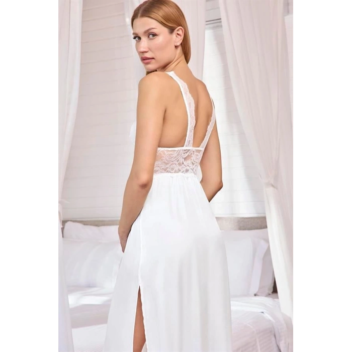 Vipmarketim Göğüs Ve Sırt Dekolteli Dantelli Ve Yırtmaçlı Saten Gecelik