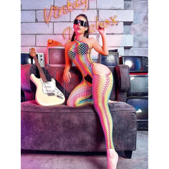 Vipmarketim Gökkuşağı Desenli Fileli Fantezi Vücut Çorabı