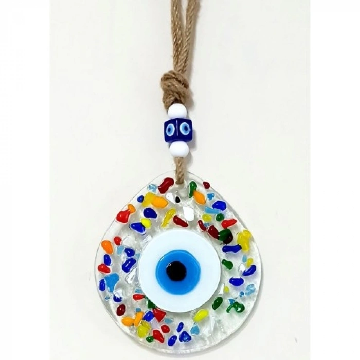 VipMarketim Gökkuşağı Renklerinde Nazar Boncuklu Damla Model Şeffaf Cam Duvar Süsü