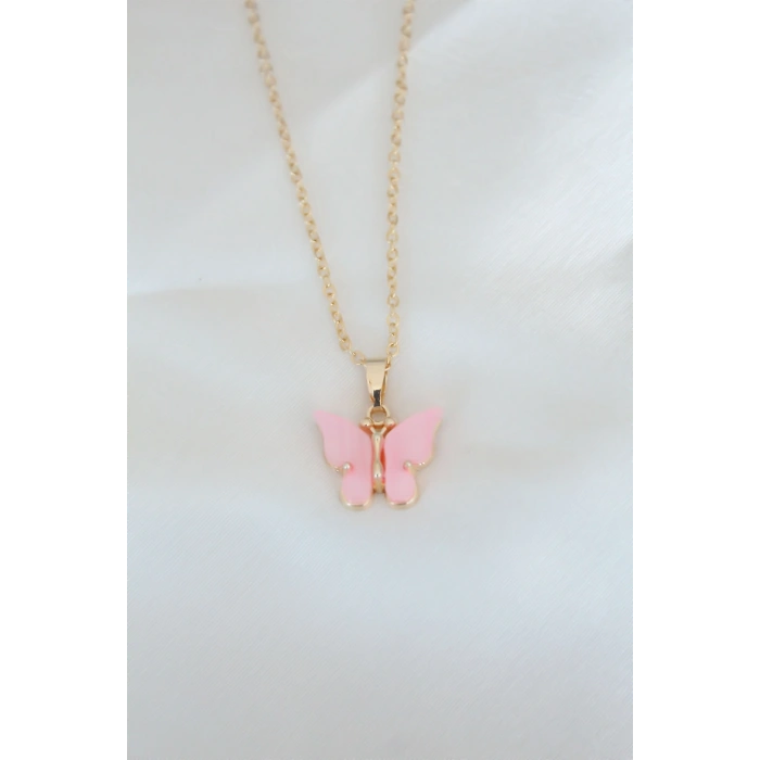 VipMarketim Gold Kaplama Pembe Sedefli Kelebek Kolye 5886