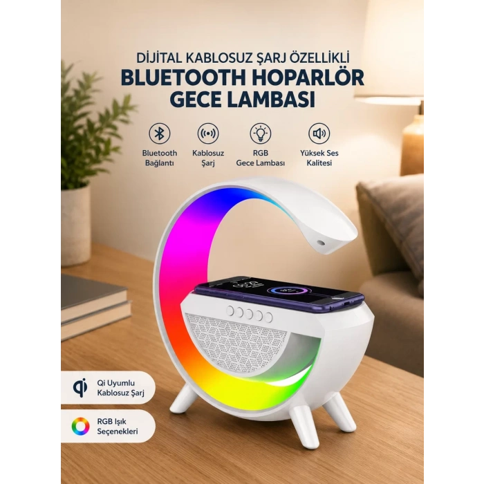 VipMarketim Google Dijital Kablosuz Şarj Özellikli Bluetooth Hoparlör Gece Lambası