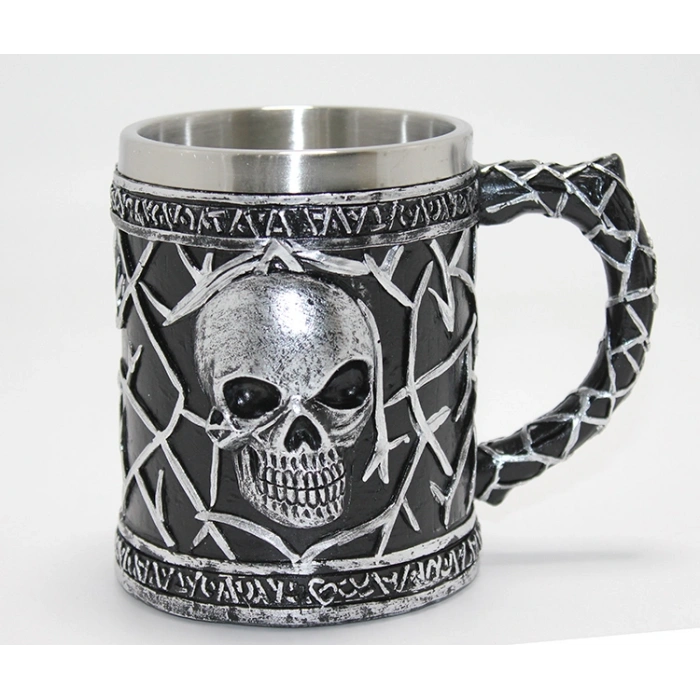 VipMarketim Gotik Kurukafa 3D Kabartmalı Paslanmaz Çelik Kupa Bardak