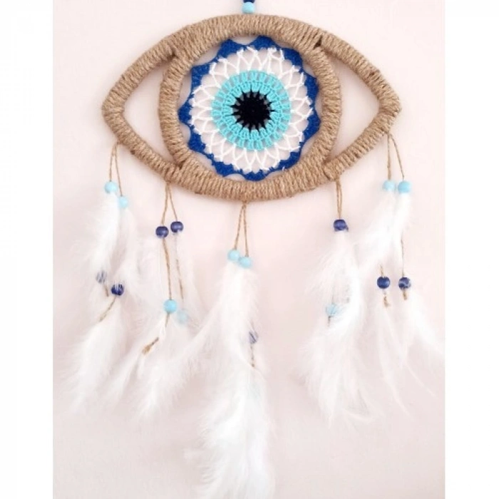 VipMarketim Göz Model Nazar Boncuğu Motifli Kuş Tüylü El Yapımı Düş Kapanı Duvar Dekoru