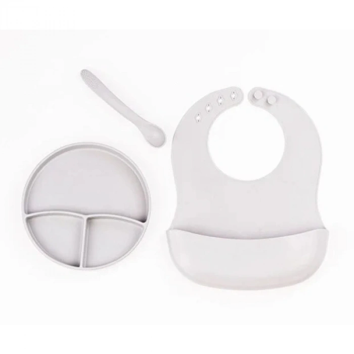 VipMarketim Gri 3’lü Silikon Yemek Seti – Önlük + Diş Kaşıyıcılı Kaşık + Vakumlu Tabak