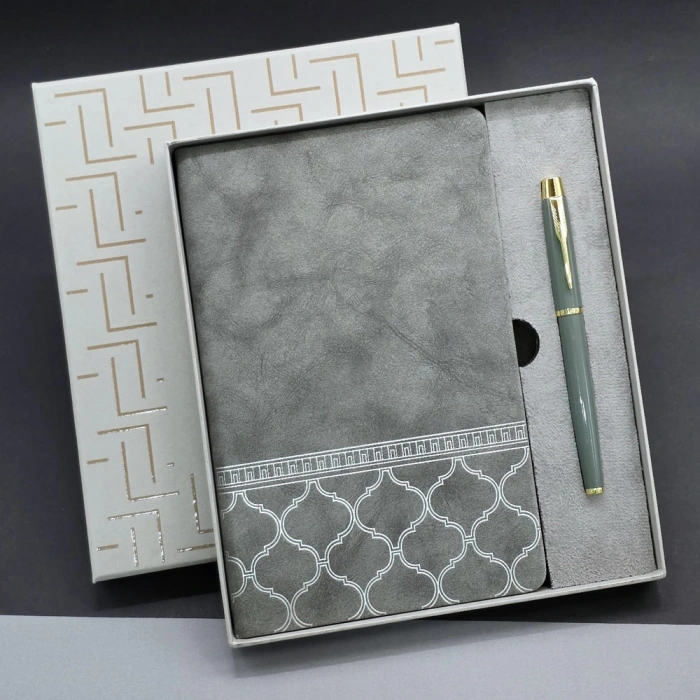 VipMarketim Gri Renk Defter Ve Metal Roller Kalem Seti