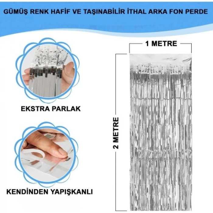 VipMarketim Gümüş Metalize Saçaklı Fon Perde