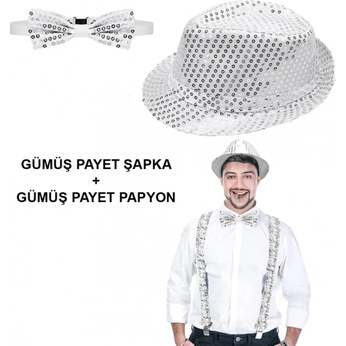 VipMarketim Gümüş Payetli Şapka ve Papyon Seti – Parıltılı Yetişkin Kostüm Seti