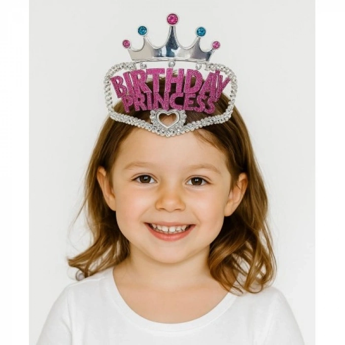 VipMarketim Gümüş Renk Taç Üzeri Pembe Birthday Prenses Yazılı Çocuk Parti Tacı