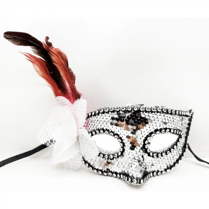 VipMarketim Gümüş Renk Yandan Tüylü Güllü Gümüş Taşlı Pullu Maske 20x22 cm