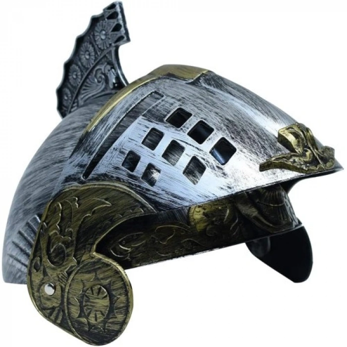 VipMarketim Gümüş Üzeri Altın Renk Oynar Başlıklı Romalı Bizans Kaskı Miğferi 25x20 cm