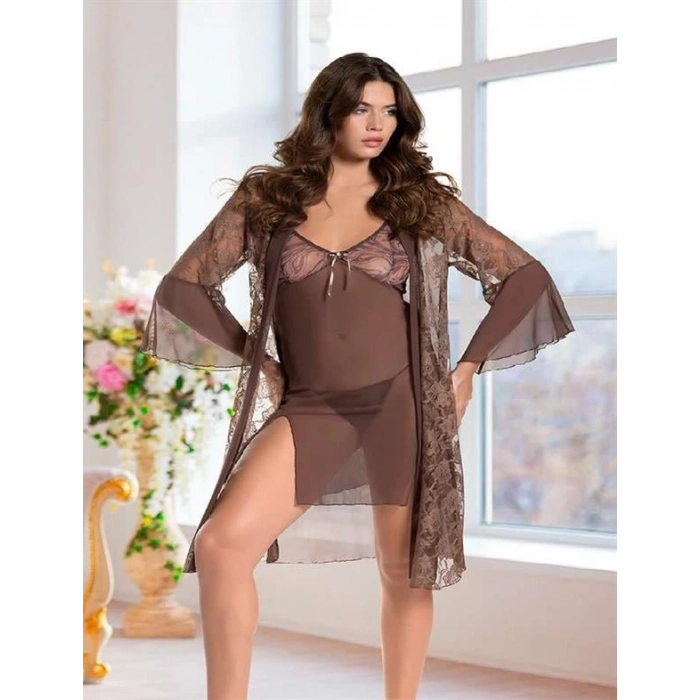 VipMarketim  Haki Transparan Dantel İşlemeli Tül Yırtmaçlı 2li Gecelik Takımı