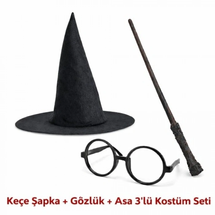 VipMarketim Harry Potter Tarzı Çocuk Seti (Siyah Keçe Şapka, Asa, Gözlük)