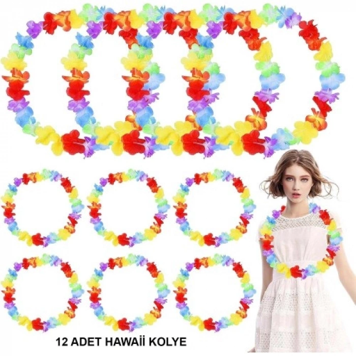 VipMarketim Hawaii Çiçekli Boyun Kolyesi - Renkli Tropikal Parti Leisi 12 Adet