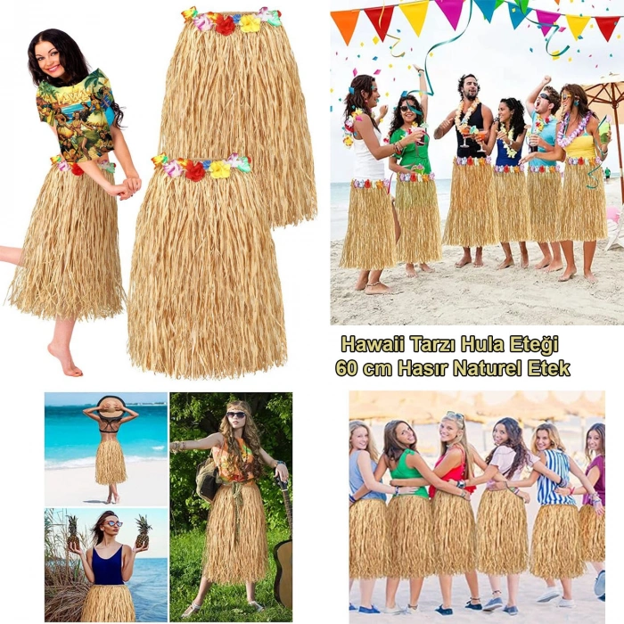 VipMarketim Hawaii Tarzı Hula Eteği – 60 cm Hasır Natural Etek