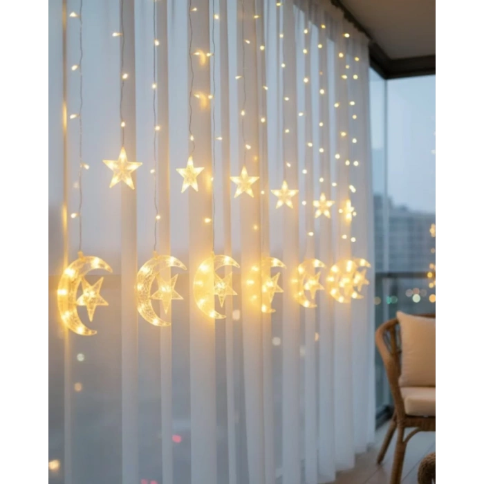 VipMarketim Hilal Yıldız LED Perde Işık Balkon Pencere ve Oda Dekorasyonu