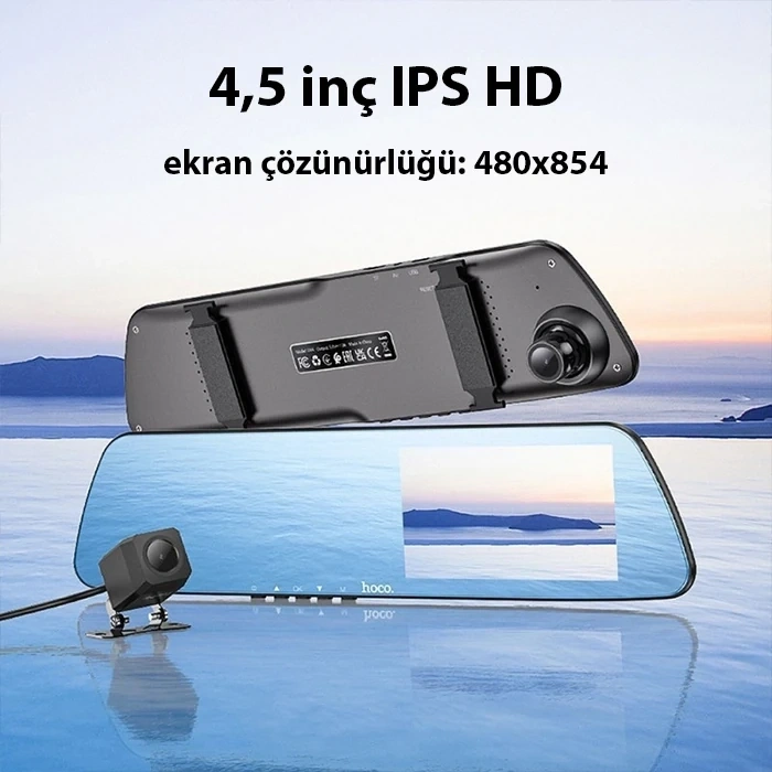 VipMarketim Hoco DV4 DVR Ön Ve Arka Sürüş Kaydedici 45 İnç LCD Dikiz Aynası Araç kamerası-(5775)