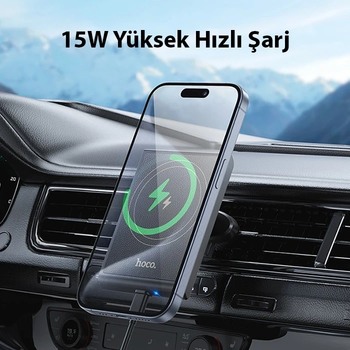VipMarketim Hoco HW19 Klima Havalandırma Bölmesi Wireless Kablosuz Hızlı Şarj Araç Telefon Tutucu-(5775)