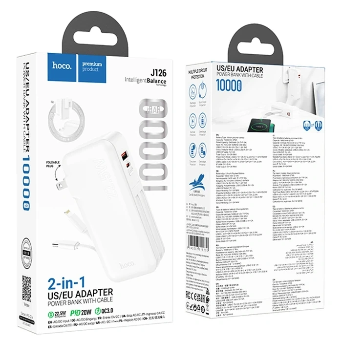VipMarketim Hoco J126 USB-A+Type-C Çıkışlı Type-c+Lightning Kablolu 10000mAh Powerbank Şarj Aleti-(5775)