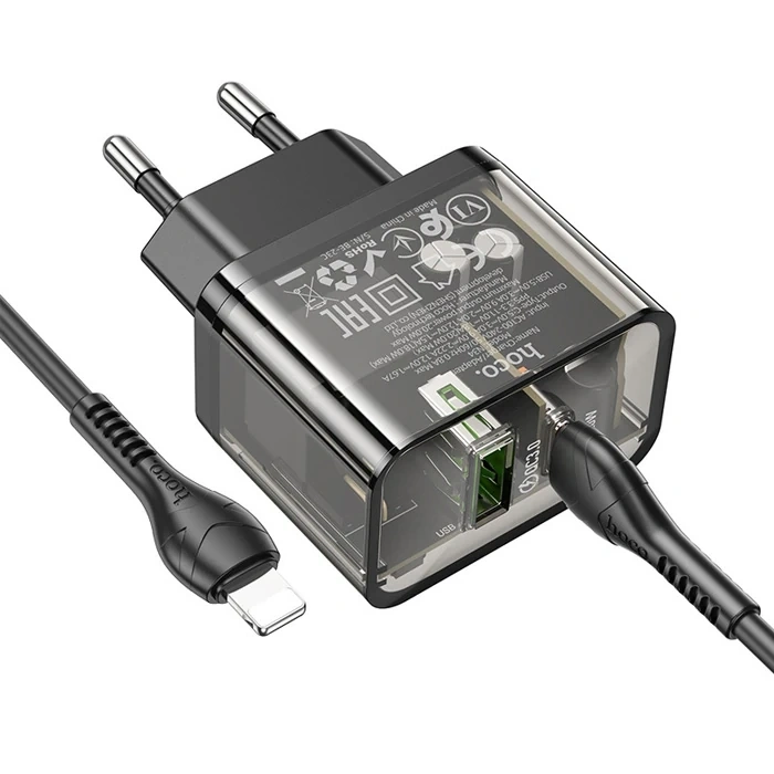 VipMarketim HOCO N34 PD20W USB+Type-C + iPhone Lightning Kablo Hızlı Şarj Adaptör Seti-(5775)