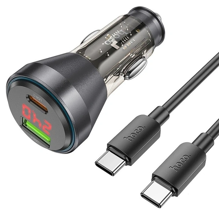 VipMarketim HOCO NZ12B Unimpeded PD48W USB + Type-C Araç Çakmaklı Hızlı Şarj Aleti + Type-C to Type-C Kablo-(5775)