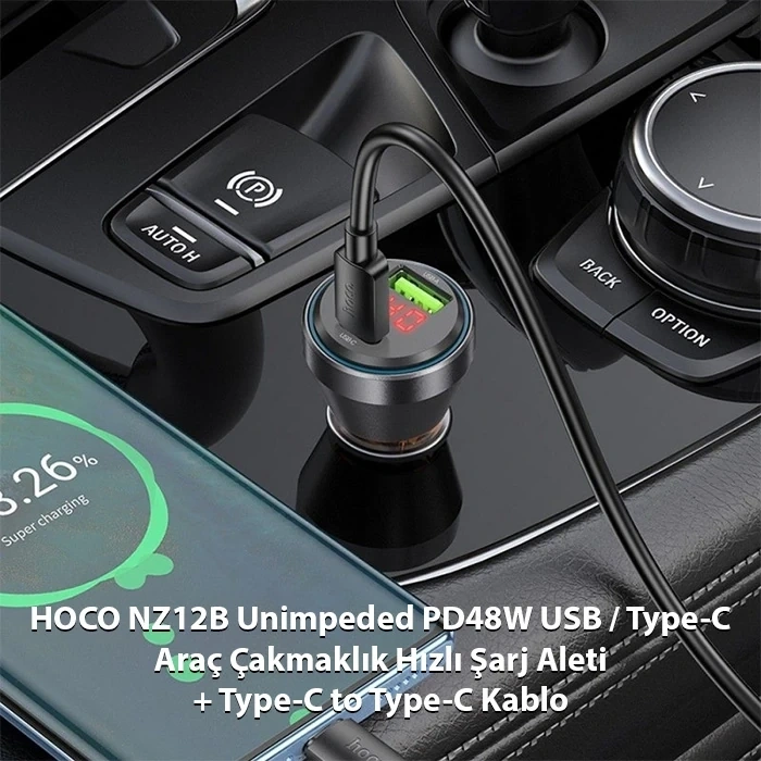 VipMarketim HOCO NZ12B Unimpeded PD48W USB + Type-C Araç Çakmaklı Hızlı Şarj Aleti + Type-C to Type-C Kablo-(5775)