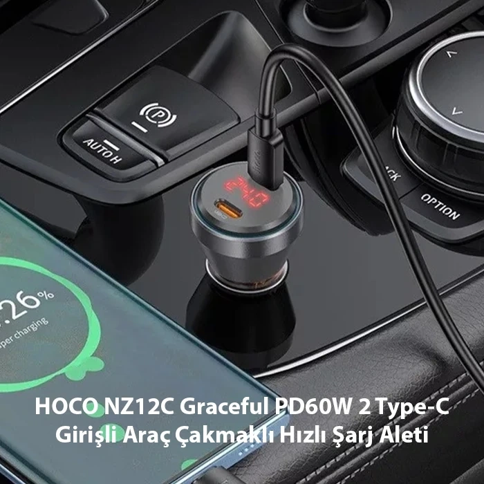 VipMarketim HOCO NZ12C Graceful PD60W 2 Type-C Girişli Araç Çakmaklı Hızlı Şarj Aleti-(5775)