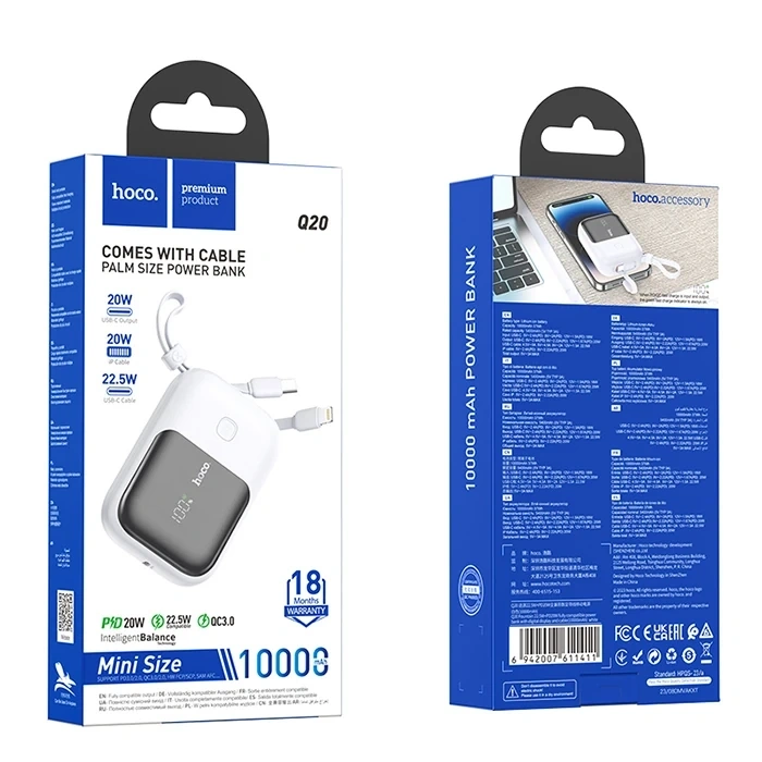 VipMarketim HOCO Q20 Fountain 10000mAh 22.5W+PD20W Dijital Göstergeli Kablolu Powerbank-(5775)