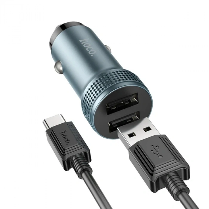 VipMarketim HOCO Z49 Çift USB Girişli Araç Şarj Başlık + USB To Type-C Kablo-(5775)