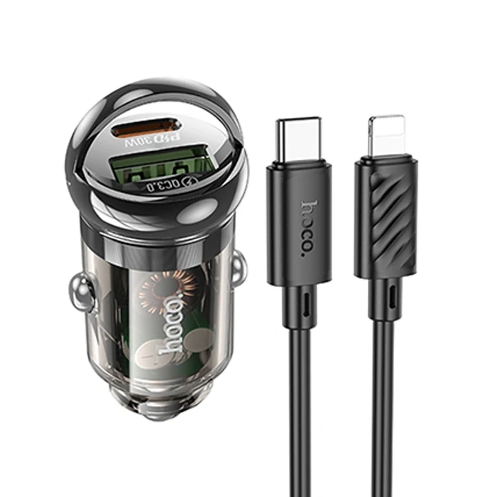 VipMarketim HOCO Z53A Vision PD30W Type-C + USB QC3.0 Girişli Araç Çakmaklık Hızlı Şarj Aleti + Type-C to iPhone-(5775)