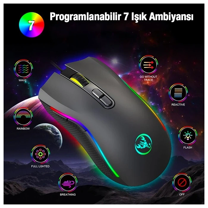 VipMarketim HXSJ A869 7200DPI Ayarlanabilir RGB Işık Gaming Oyuncu Mouse-(5775)
