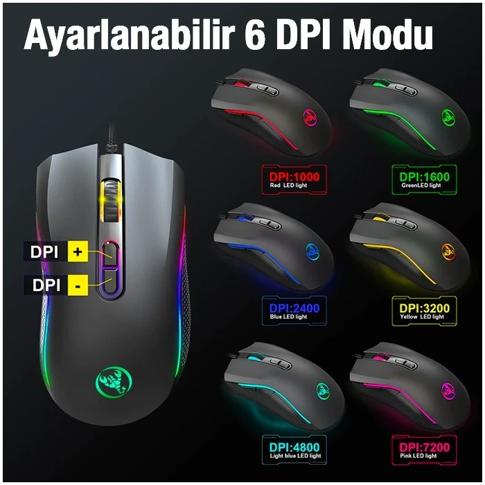 VipMarketim HXSJ A869 7200DPI Ayarlanabilir RGB Işık Gaming Oyuncu Mouse-(5775)