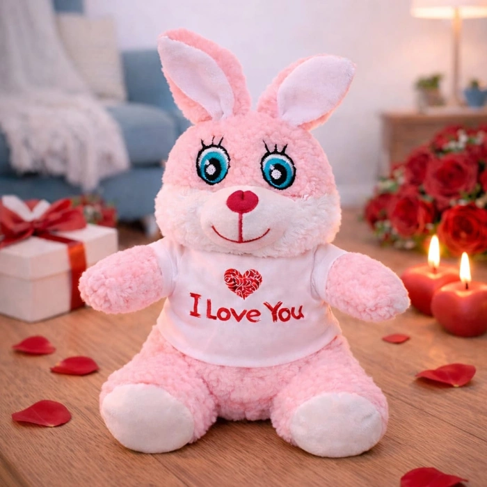 VipMarketim I Love You Tişörtlü Sevimli Pembe Peluş Tavşan