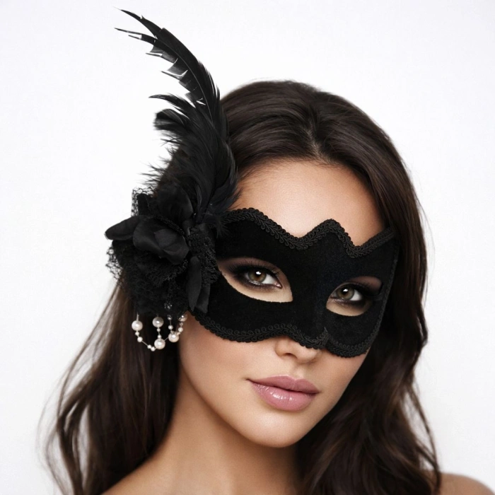 VipMarketim İnci Detaylı Siyah Süet Venedik Kadın Maskesi