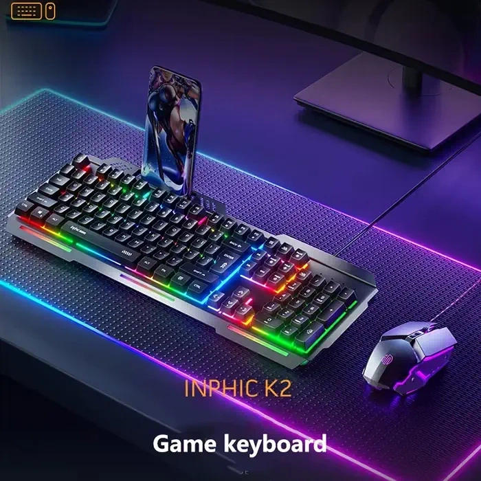 VipMarketim Inphic K2 USB Kablolu Oyun Klavyesi 104-Key Sessiz Oyun Klavyesi Bilgisayar Laptop için Cep telefonu yerleştirme alanı-(5775)