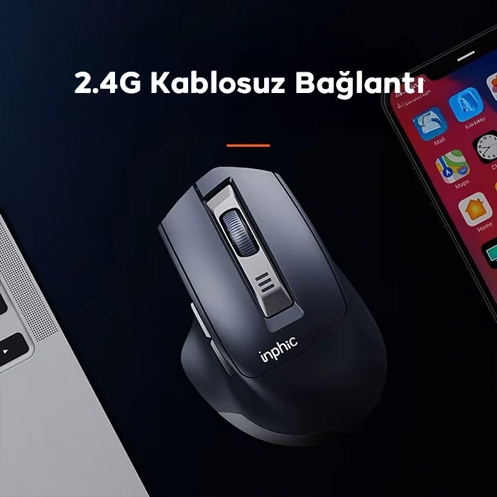 VipMarketim İNPHİC M9 Kablosuz Fare Ergonomik Şarj Edilebilir Sessiz Kullanım 2.4G 500 mAh USB Mouse-(5775)