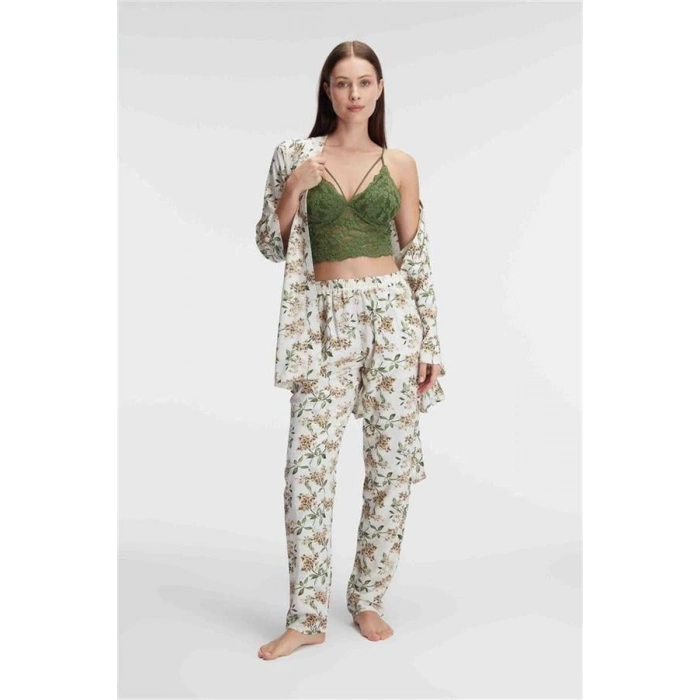 Vipmarketim İp Askılı V Yaka Çiçek Desenli Yazlık Dokuma Dantel Detaylı Sabahlık Pijama Takımı