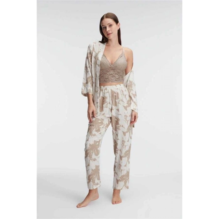 Vipmarketim İp Askılı V Yaka Çiçek Desenli Yazlık Dokuma Dantel Detaylı Sabahlık Pijama Takımı